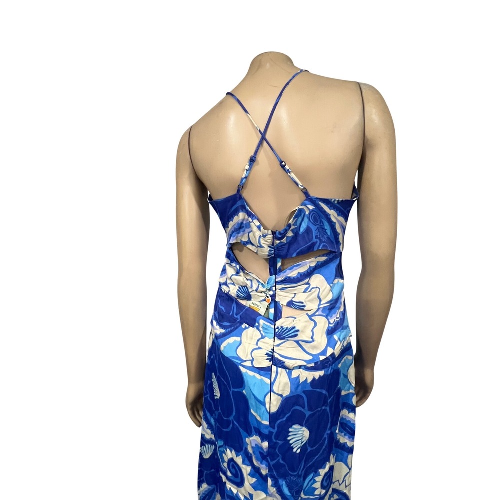 Farm Rio Blue Floral Cutout Halter Maxi Dress Tropical Print Boho Sleeveless | M - Picture 11 of 13
